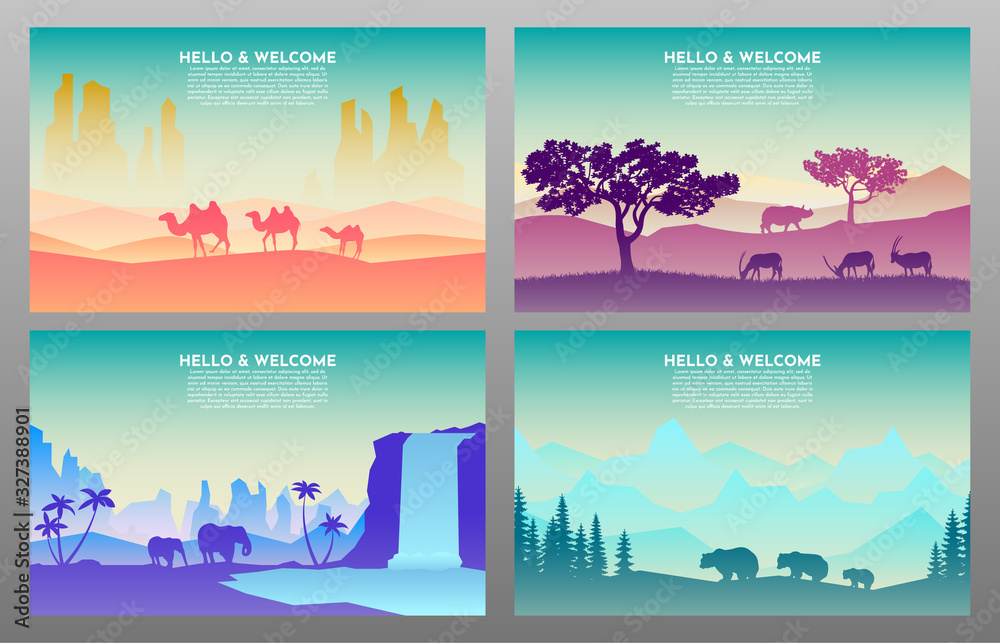 Abstract landscape set, Vector banners set with polygonal landscape illustration. Desert, savannah, forests, waterfall. Silhouettes of Camels, elephants, bears, antelopes, rhino. Minimalist style. 
