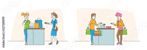 Set of Shopping Recreation Girls, Sale and Discount. Happy Female Characters Buying Things and Presents in Store. Consumerism and Price Off Promo in Shop, Cartoon Flat Vector Illustration, Line Art