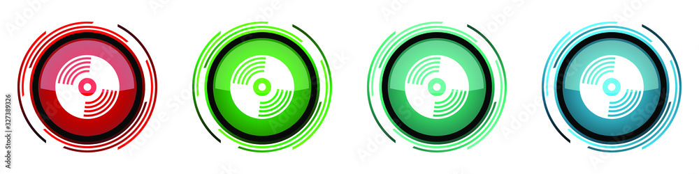 Vinyl music round glossy vector icons, set of buttons for webdesign, internet and mobile phone applications in four colors options isolated on white background Vinyl music round glossy vector icons, set of buttons for webdesign, internet and mobile phone applications in four colors options isolated on white background
