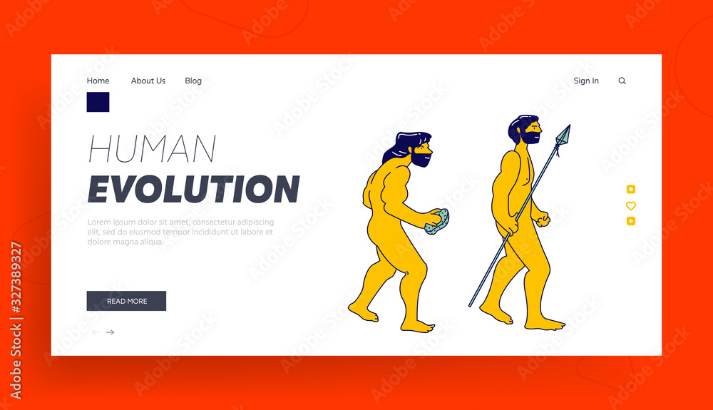 Evolution, Darwin Theory Website Landing Page. Cro-magnon Caveman with Stone Evolve to Homo Sapiens with Spear in Hand, Anthropology History Web Page Banner. Cartoon Flat Vector Illustration, Line Art