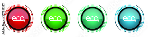 Ecology plug round glossy vector icons, set of buttons for webdesign, internet and mobile phone applications in four colors options isolated on white background