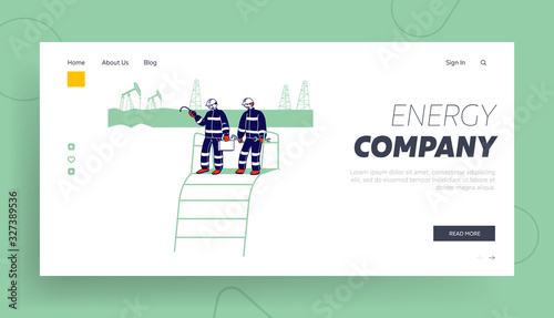 Oil and Gas Industry Website Landing Page. Workers with Instruments on Production Line. Gasmen Engineers near Gas Facility Station at Plant Web Page Banner. Cartoon Flat Vector Illustration, Line Art