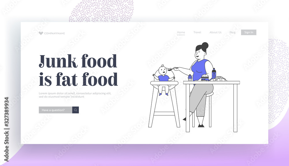 Family Unhealthy Eating Website Landing Page. Fat Mom Feeding Baby. Fatty Mother Feed Child Sitting at Table with Plenty of Fast Food Web Page Banner. Cartoon Flat Vector Illustration, Line Art