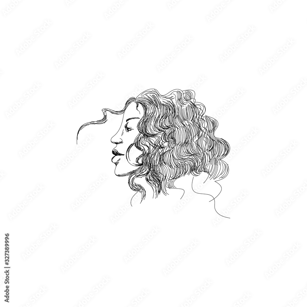 Young woman face side curly hair hand drawing. Vector black and white graphic