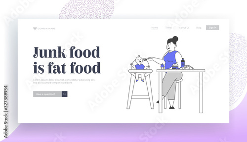 Family Unhealthy Eating Website Landing Page. Fat Mom Feeding Baby. Fatty Mother Feed Child Sitting at Table with Plenty of Fast Food Web Page Banner. Cartoon Flat Vector Illustration, Line Art