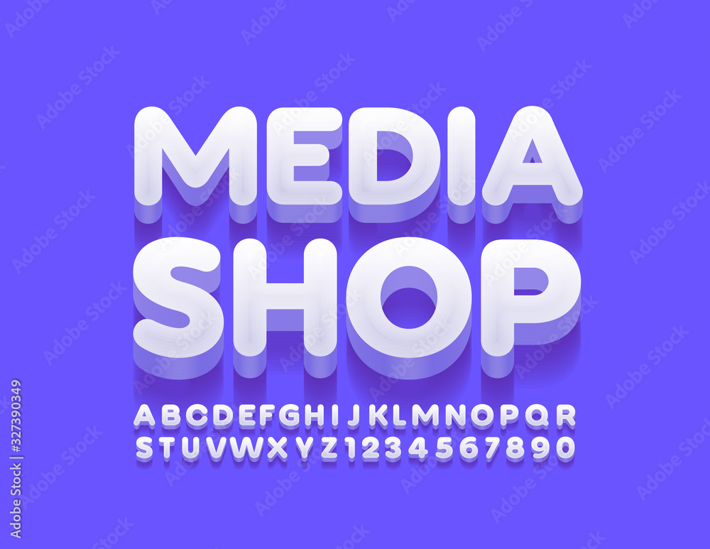 Vector creative logo Media Shop with uppercase Font. 3D Alphabet Letters and Numbers Vector creative logo Media Shop with uppercase Font. 3D Alphabet Letters and Numbers