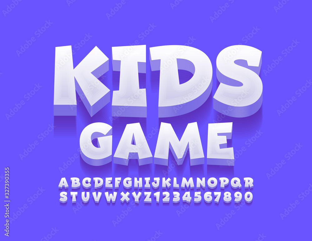 Vector creative logo Kids Game. 3D Playful Font. Funny Alphabet Letters and Numbers