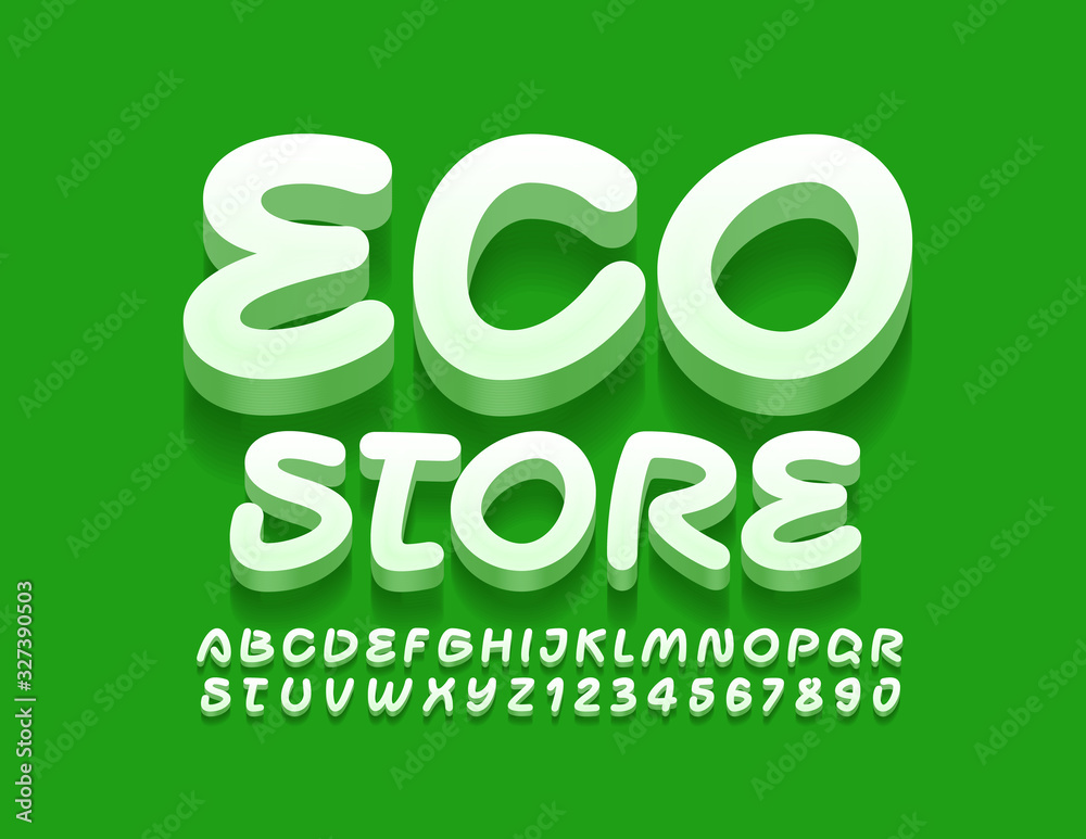 Vector green emblem Eco Store with handwritten Font. 3D creative Alphabet Letters and Numbers Vector green emblem Eco Store with handwritten Font. 3D creative Alphabet Letters and Numbers