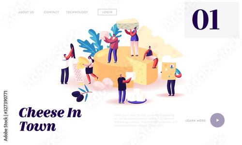 People Enjoying Eating Cheese Website Landing Page. Tiny Characters Eating Cheese of Various Types. Dairy Farm Production, Degustation Process, Market Web Page Banner. Cartoon Flat Vector Illustration