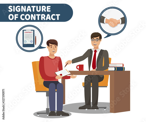 Official Document Signing Vector Banner Concept. Executive Manager, Bank Clerk and Client Cartoon Characters. Employment Contract, Money Lease, Credit Loan. Paperwork Flat Illustration with Typography