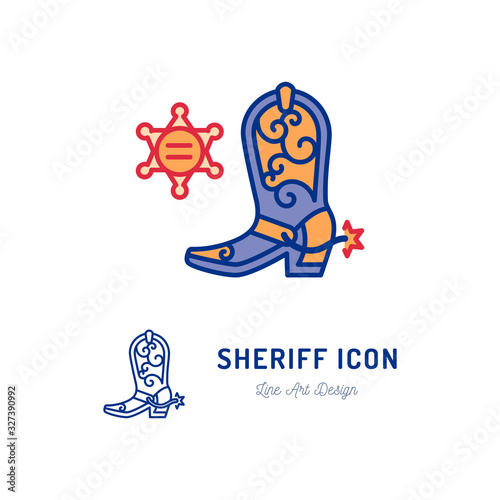Sheriff icon, Cowboy sign. Country music and culture concept. Linear style icons of cowboy boots and sheriff star. Vector flat illustration