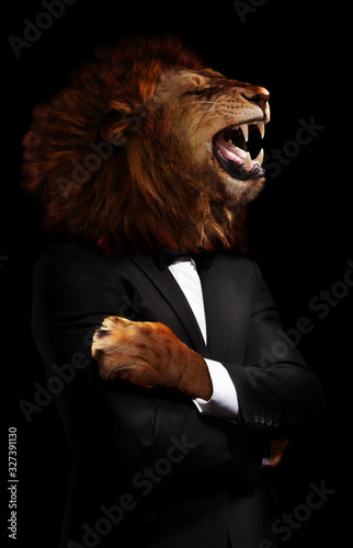 Boss concept lion in the office formal suite an shirt on black - dangerous businessman image mixed media