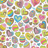 Cartoon Easter Seamless Pattern of Doodles Hearts and Eggs on White Background.
