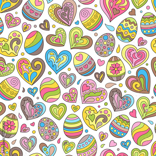 Cartoon Easter Seamless Pattern of Doodles Hearts and Eggs on White Background.