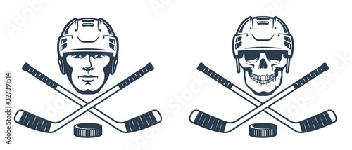 Hockey skull logo with crossed sticks. Ice hockey player in helmet - retro abstract emblem. Vector illustration. photo