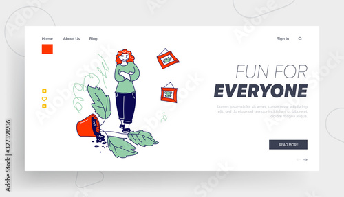 Naughty Kids Make Mess at Home Website Landing Page. Woman Stand with Crossed Hands in Room with Broken Potted Plant and Scribbles on Wall Web Page Banner. Cartoon Flat Vector Illustration, Line Art