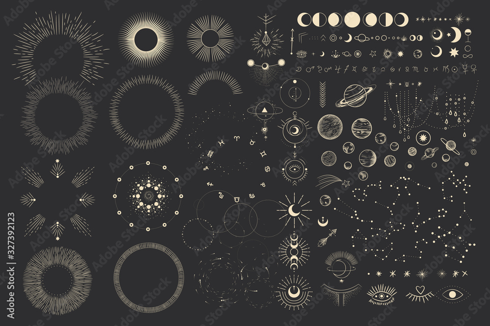 Plakat Vector illustration set of moon phases. Different stages of moonlight activity in vintage engraving style. Zodiac Signs