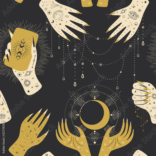 Vintage retro engraving style magic hand silhouette line. spiritualistic session, witch's palm, cult of space and magic. Vector graphics
