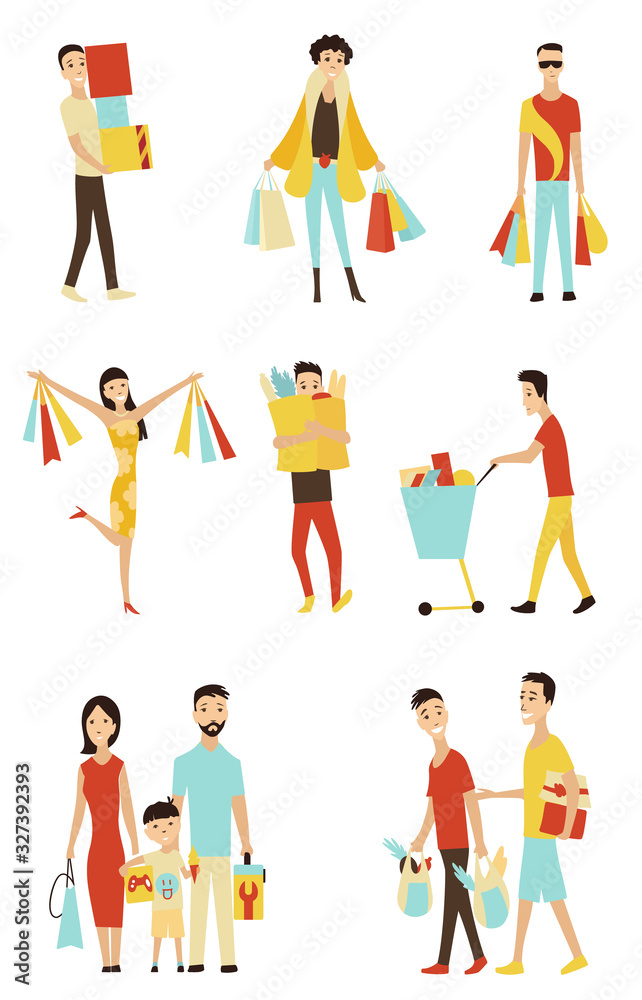Jpeg cartoon Shopping People. Set Sale in Shop Concept Element. Flat design. Collection of women and man characters with gift boxes, paper bags and trolley with goods. For sales and discounts