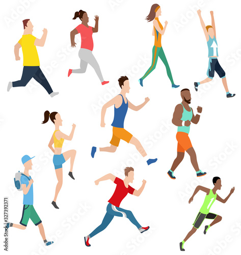 Collection of running man and women in flat design style. Sport. Run. Active fitness. Exercise and athlete. Variety of sport movements. Flat cartoon style. Side view. Simple design. Jpeg illustration photo