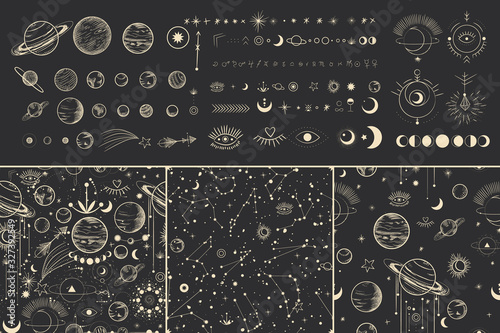 Fototapeta Naklejka Na Ścianę i Meble -  Vector illustration set of moon phases. Different stages of moonlight activity in vintage engraving style. Zodiac Signs