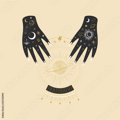 Vintage retro engraving style magic hand silhouette line. spiritualistic session, witch's palm, cult of space and magic. Vector graphics