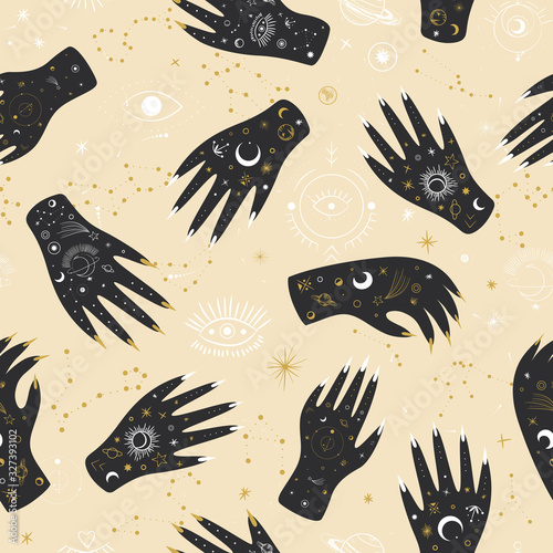 Vintage retro engraving style magic hand silhouette line. spiritualistic session, witch's palm, cult of space and magic. Vector graphics