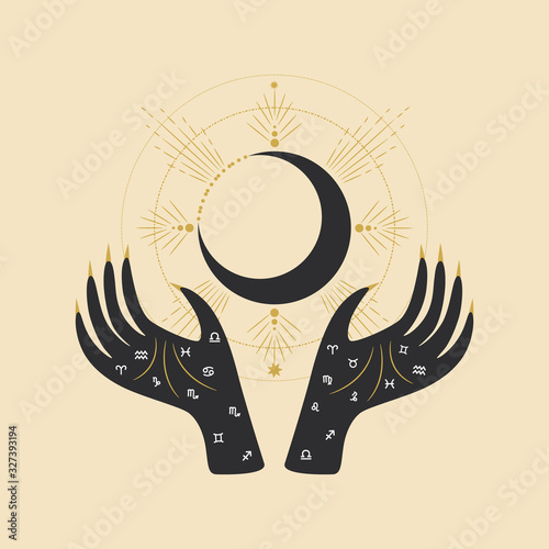 Vintage retro engraving style magic hand silhouette line. spiritualistic session, witch's palm, cult of space and magic. Vector graphics