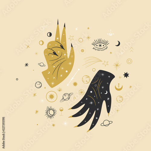 Vintage retro engraving style magic hand silhouette line. spiritualistic session, witch's palm, cult of space and magic. Vector graphics