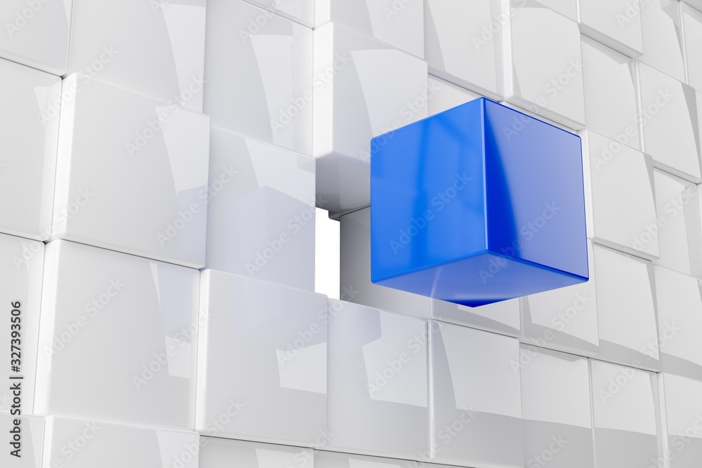Blue cube in front of wall of white cubes, software module, teamwork or standing out from the crowd leadership concept - obrazy, fototapety, plakaty 