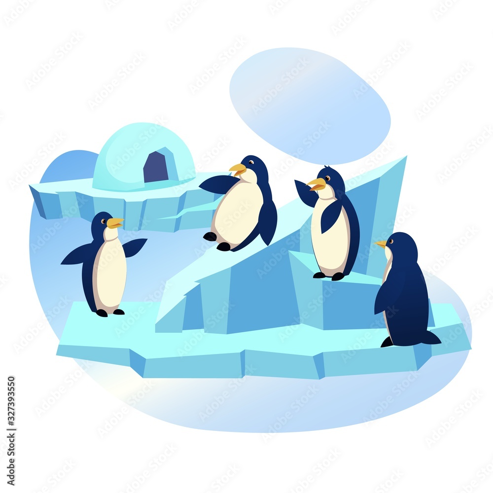 Obraz premium Animal Park, Zoo, Group of Funny Penguins Playing on Ice Floe with Icehouse, Skating from Snowy Slide, Waterfowl Aquatic Flightless Birds Wildlife, Lifestyle, Nature. Cartoon Flat Vector Illustration