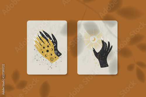 Vintage retro engraving style magic hand silhouette line. spiritualistic session, witch's palm, cult of space and magic. Vector graphics