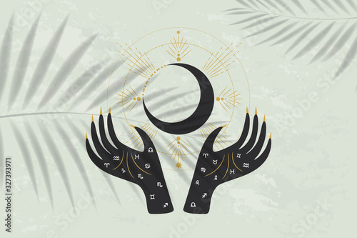 Vintage retro engraving style magic hand silhouette line. spiritualistic session, witch's palm, cult of space and magic. Vector graphics