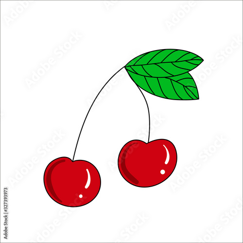 Juicy, ripe on a branch with a leaf cherry - fresh fruit, natural berry. Vector illustration