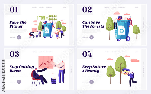 Wastepaper Recycling Solution Website Landing Page Set. Less Paper Using, Stop Deforestation, Garbage Recycle, Segregation, Environmental Reservation Web Page Banner. Cartoon Flat Vector Illustration