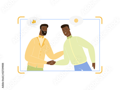 Young and Adult Dark Skinned Business Men Couple Shaking Hands at Viewfinder Screen, Shot of Successful Agreement, People Introduction, Businessmen Signing Contract, Cartoon Flat Vector Illustration