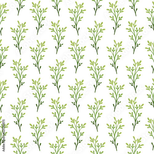 Spring flowers  leaves and berries seamless pattern in Easter yellow and green on white background