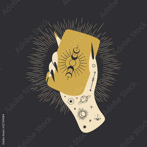 Vintage retro engraving style magic hand silhouette line. spiritualistic session, witch's palm, cult of space and magic. Vector graphics