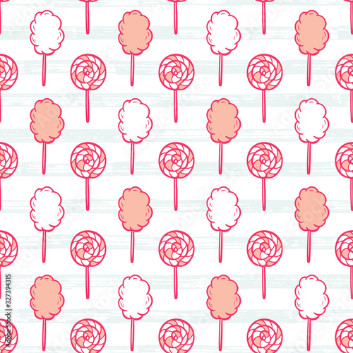 Sweet Food Vector Background. Hand Drawn Doodle Cotton Candy and Lollipop Seamless pattern