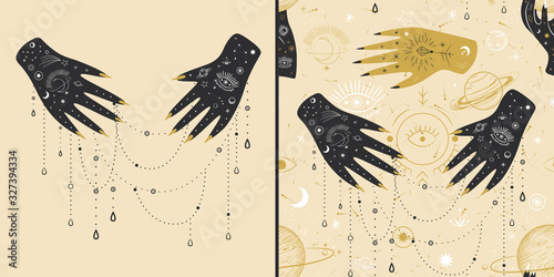 Vintage retro engraving style magic hand silhouette line. spiritualistic session, witch's palm, cult of space and magic. Vector graphics