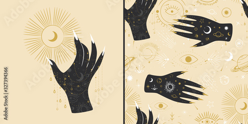 Vintage retro engraving style magic hand silhouette line. spiritualistic session, witch's palm, cult of space and magic. Vector graphics