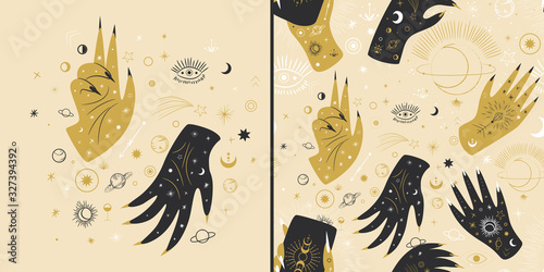 Vintage retro engraving style magic hand silhouette line. spiritualistic session, witch's palm, cult of space and magic. Vector graphics