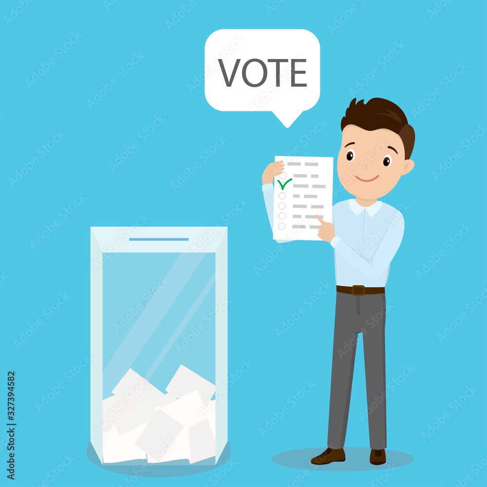 Caucasian happy guy with ballot list and speech bubble with vote text