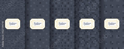 Set of dark vintage seamless backgrounds for luxury packaging design. Geometric pattern in black. Suitable for premium boxes of cosmetics, wine, jewelry. Elegant vector ornament set. Fabric print.