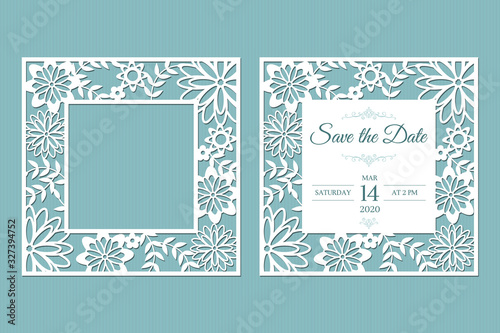 Laser cut openwork white frame with leaves and flowers. Template for greeting cards, envelopes, wedding invitations, interior decorative elements.