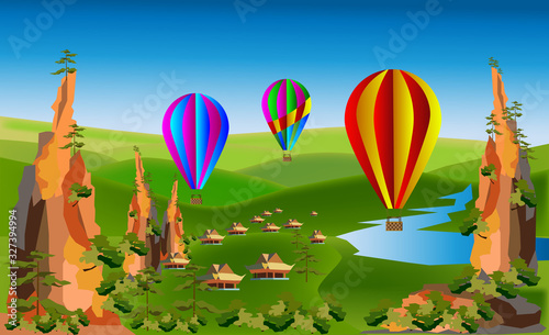 Multi-colored balloons fly over mountains, hills and a green valley against a blue sky. Landscape. Vector illustration