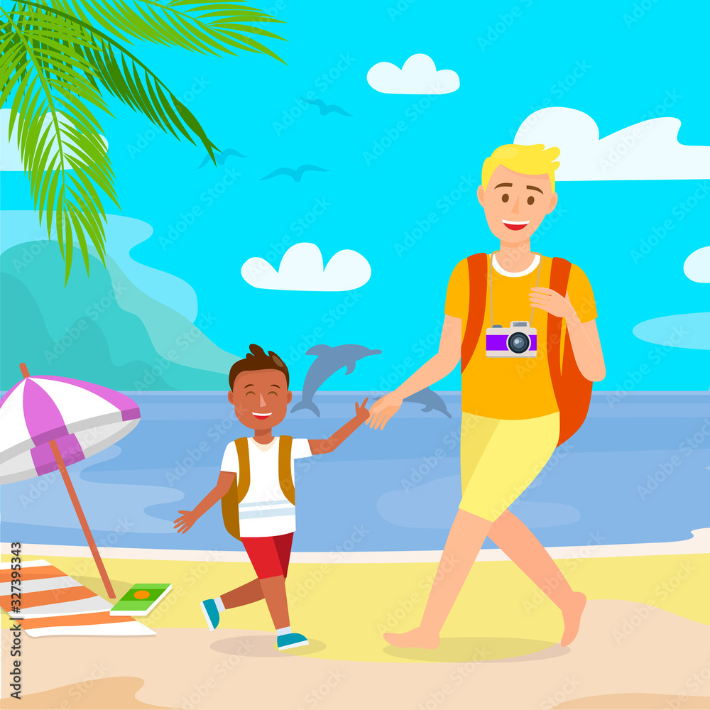 Summer Vacation on Tropical Island Flat Drawing. Photographer with Backpack Vector Illustration. Holidaymakers on Sea Resort. Father, Son Cartoon Characters. Tanned Boy on Beach. Sunny Day