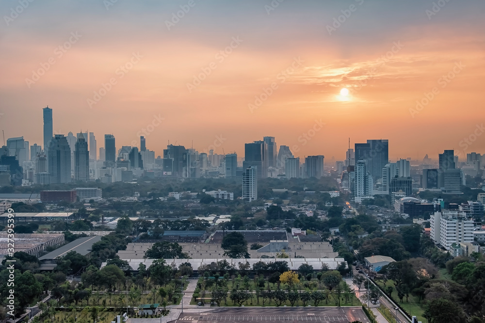 Fototapeta premium Bangkok panorama at sunset viewed from high up