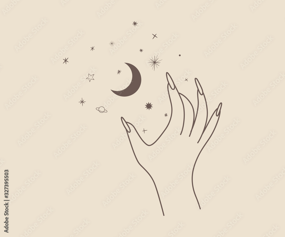 Obraz premium linear silhouette of a magic hand, modern trend design. space elements. vector illustration