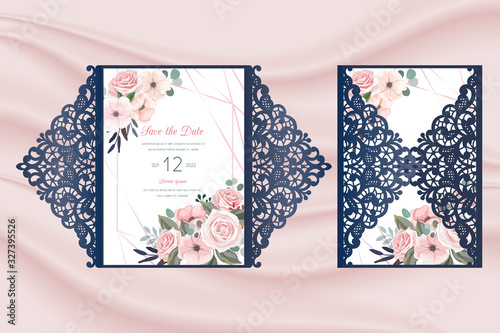 Laser cut wedding invitation openwork template vector with an internal card with roses. Cutout paper gate fold card with pattern of roses on the fabric with folds background .